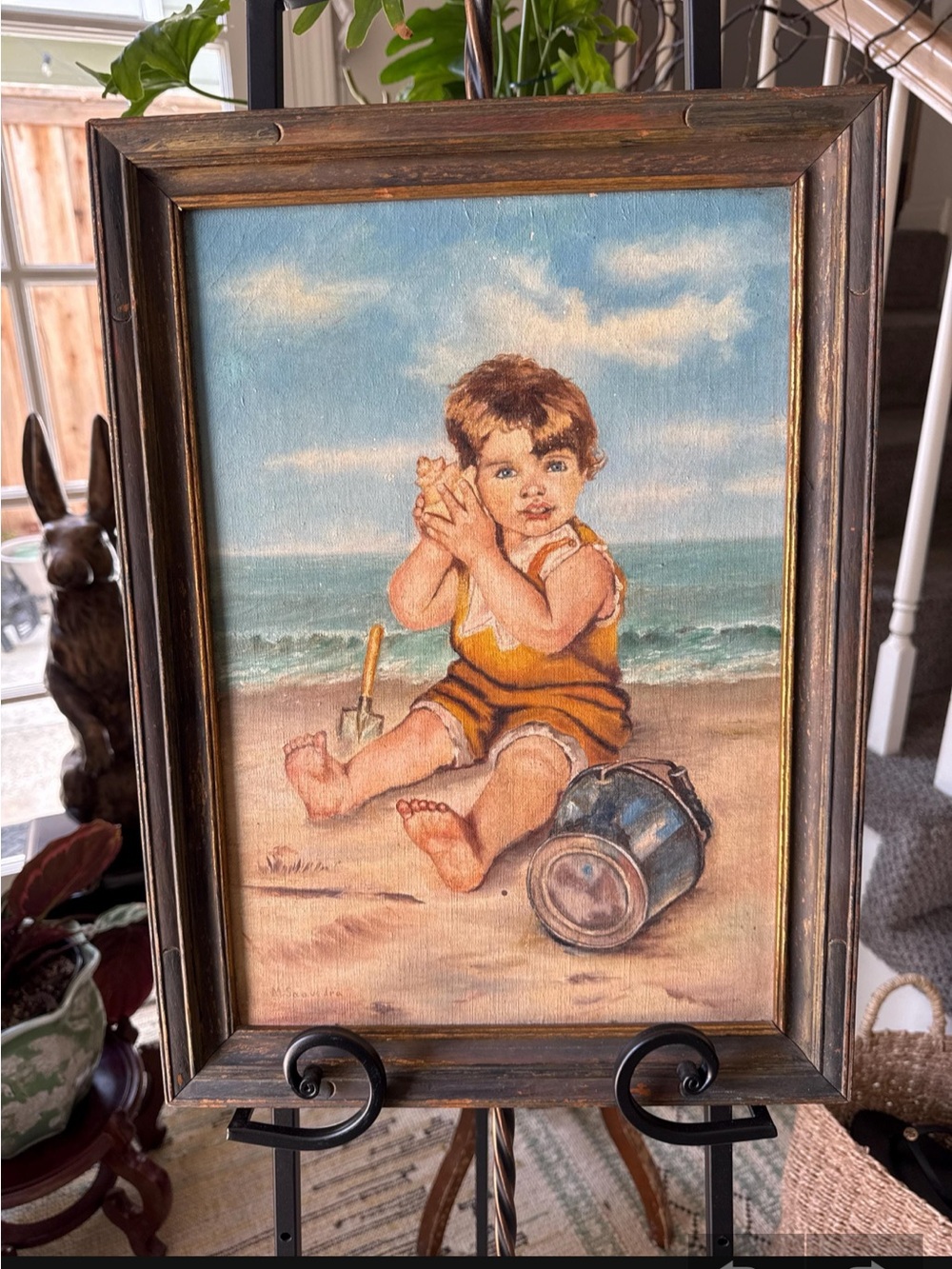 Signed Vintage Beach Baby Painting in Wooden Frame — Yellow Outfit 1940’s